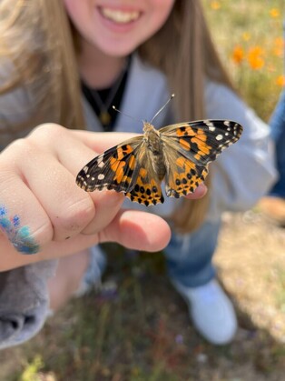 Photo of a girl, lower half of her face visible and smiling, holding her hand out with a black, brown and orange dotted butterfly sitting on her index finger. The butterfly and her hand are in focus.
